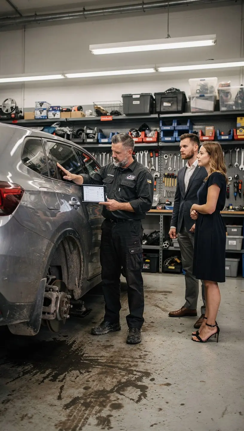 Mechaniker überprüft sorgfältig die Bremsanlage eines Gebrauchtfahrzeugs anhand einer strukturierten Checkliste.